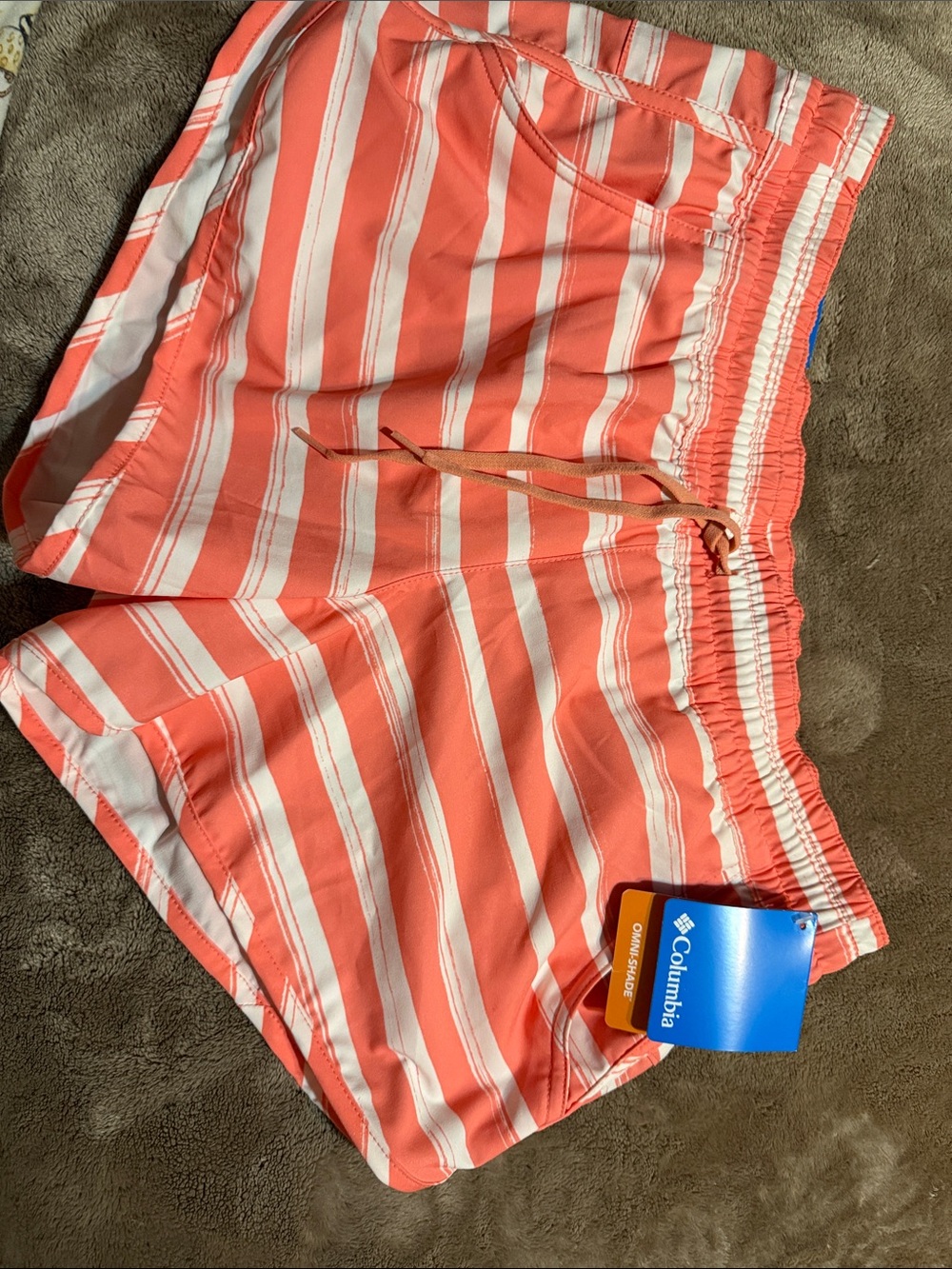 Columbia Coral and White Striped Women’s Athletic Shorts